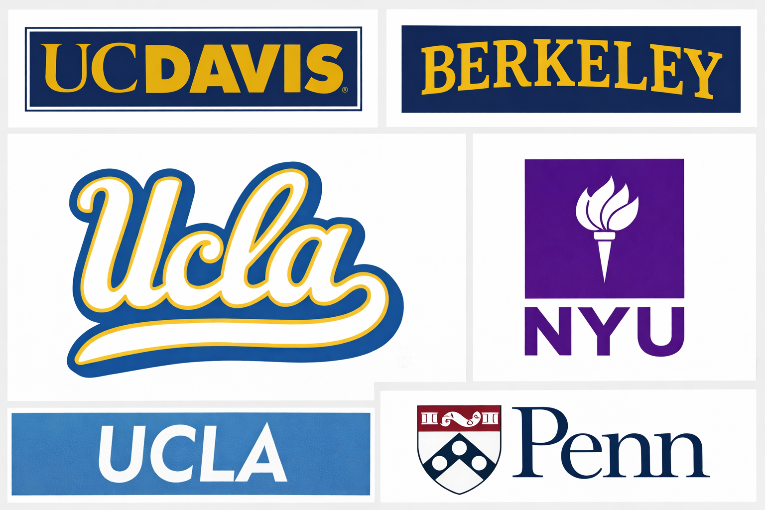 A collage of university logos including UC Davis, Berkeley, UCLA, NYU, and Penn.