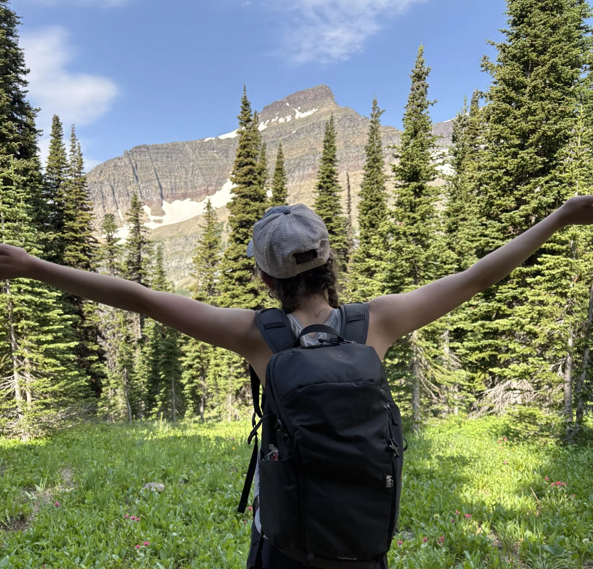 Back view of a person wearing a baseball cap and backpack, arms outstretched, standing in a lush, green forest with tall evergreen trees and a mountain with patches of snow in the background on a clear day.