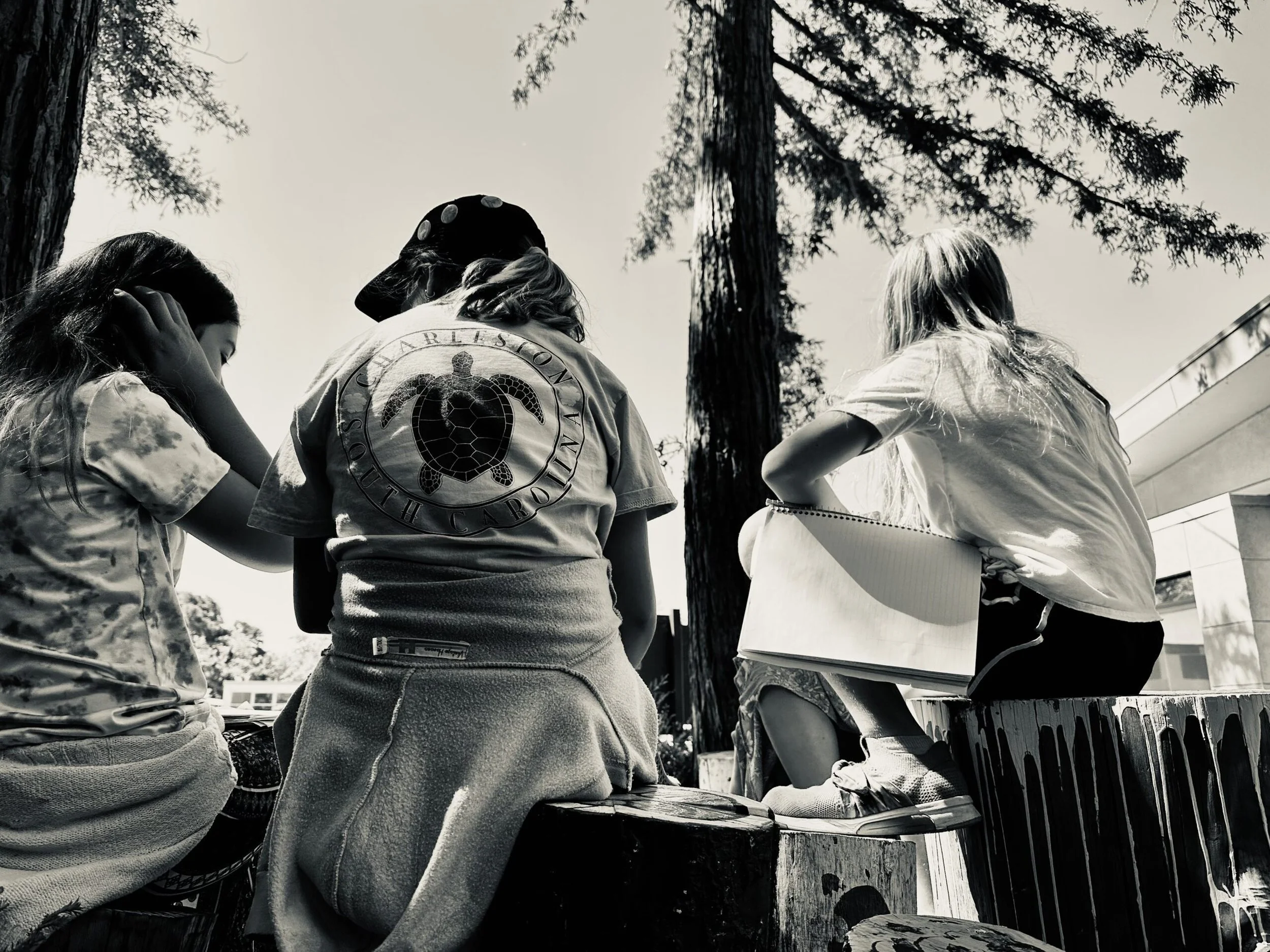 Four girls are sitting on a wooden bench outdoors under trees, with one girl wearing a shirt with a turtle logo on the back. It is a black and white photo.