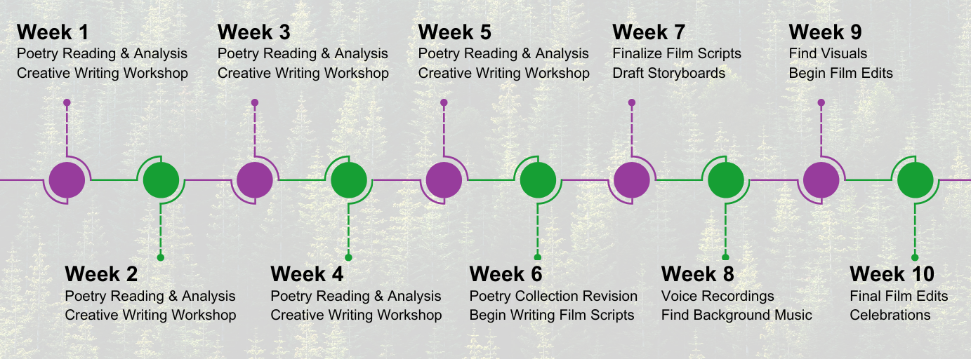 A timeline chart illustrating a 10-week creative writing and film editing workshop schedule, with weekly activities including poetry analysis, creative writing, film script finalization, voice recordings, and film editing.