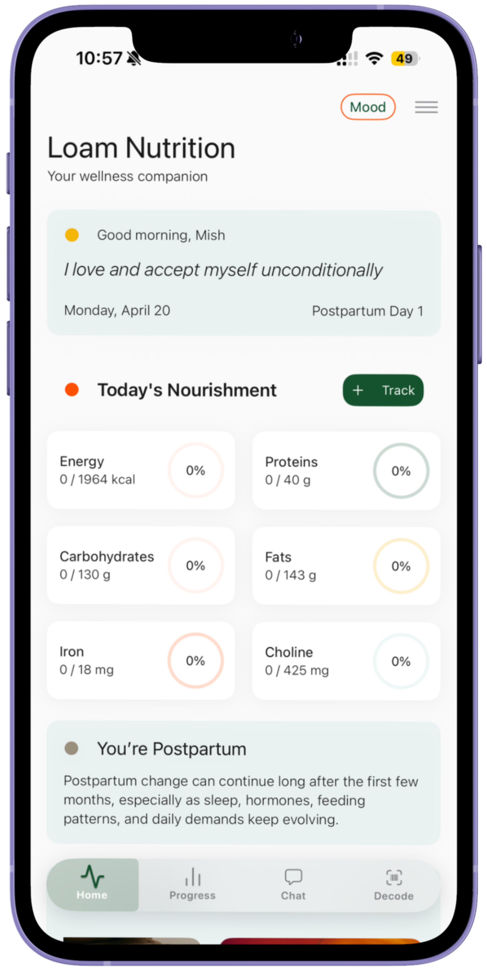 Mobile app screen showing wellness tracking for Lam Nutrition, with a greeting, a quote about self-acceptance, and nutrition data including energy, proteins, carbohydrates, fats, iron, and choline, all at 0% of daily goals, with navigation tabs at the bottom for Home, Progress, Chat, and Decode.