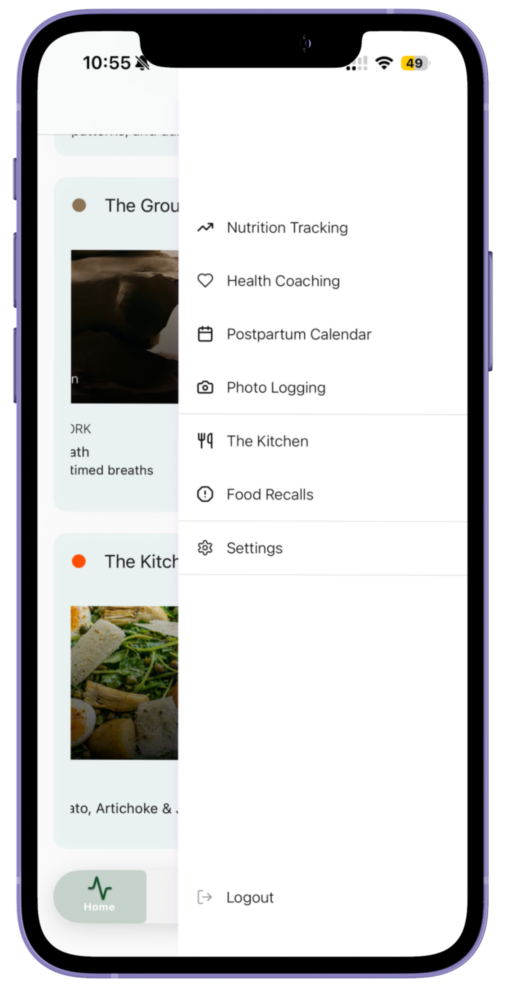 Mobile app menu overlay showing options for nutrition tracking, health coaching, postpartum calendar, photo logging, the kitchen, food recalls, settings, and logout.