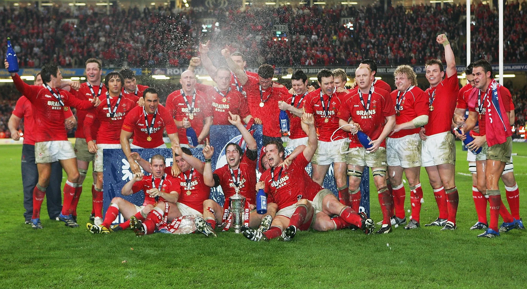 Wales rugby team celebrating 2008 Six Nations Grand Slam — Huw Lock WRU commercial team