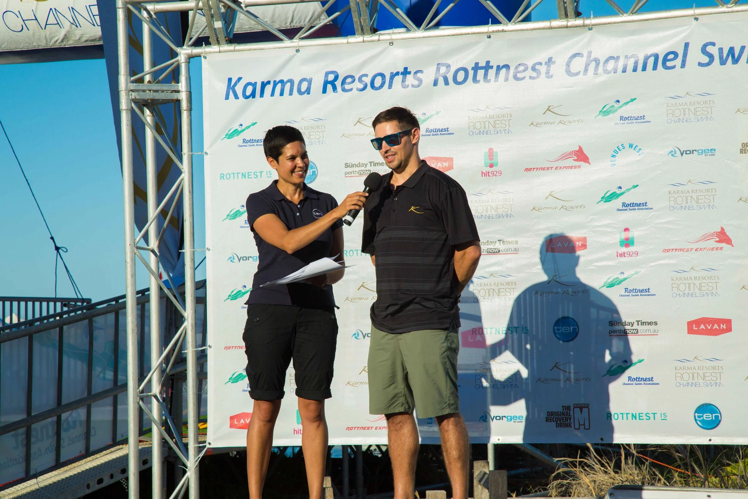 Huw Lock, founder of Fly Half Works, interviewed after the Rottnest Channel Swim representing event sponsor Karma Resorts