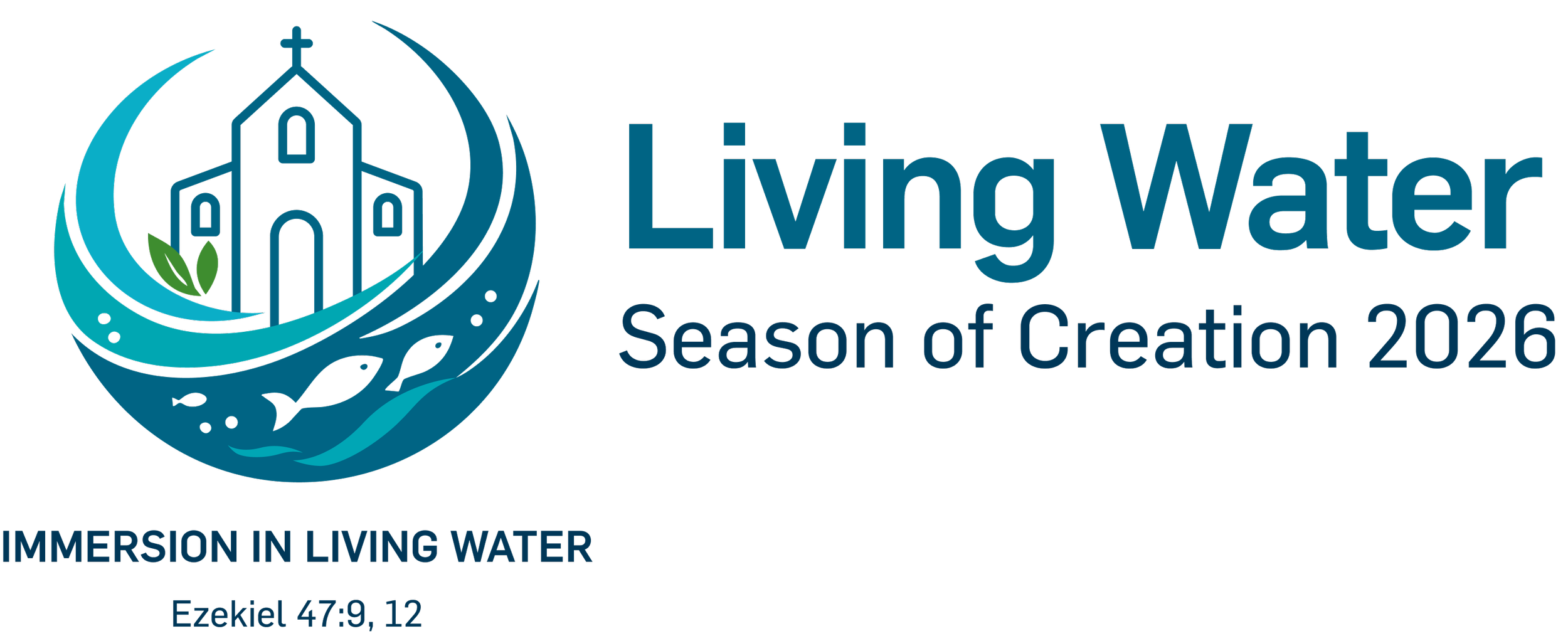 Living Water Season of Creation 2026 logo with a church, flowing water and fish.