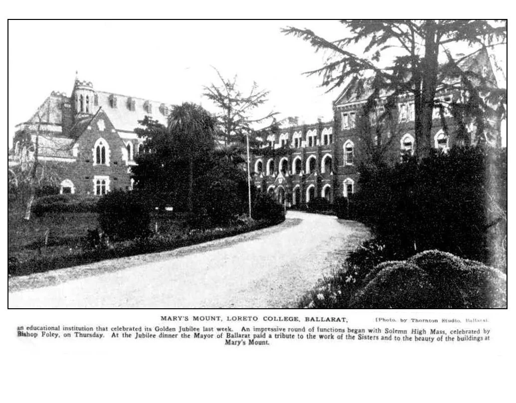 Historic black-and-white photograph of Mary’s Mount, Loreto College Ballarat, showing the College buildings and tree-lined driveway.