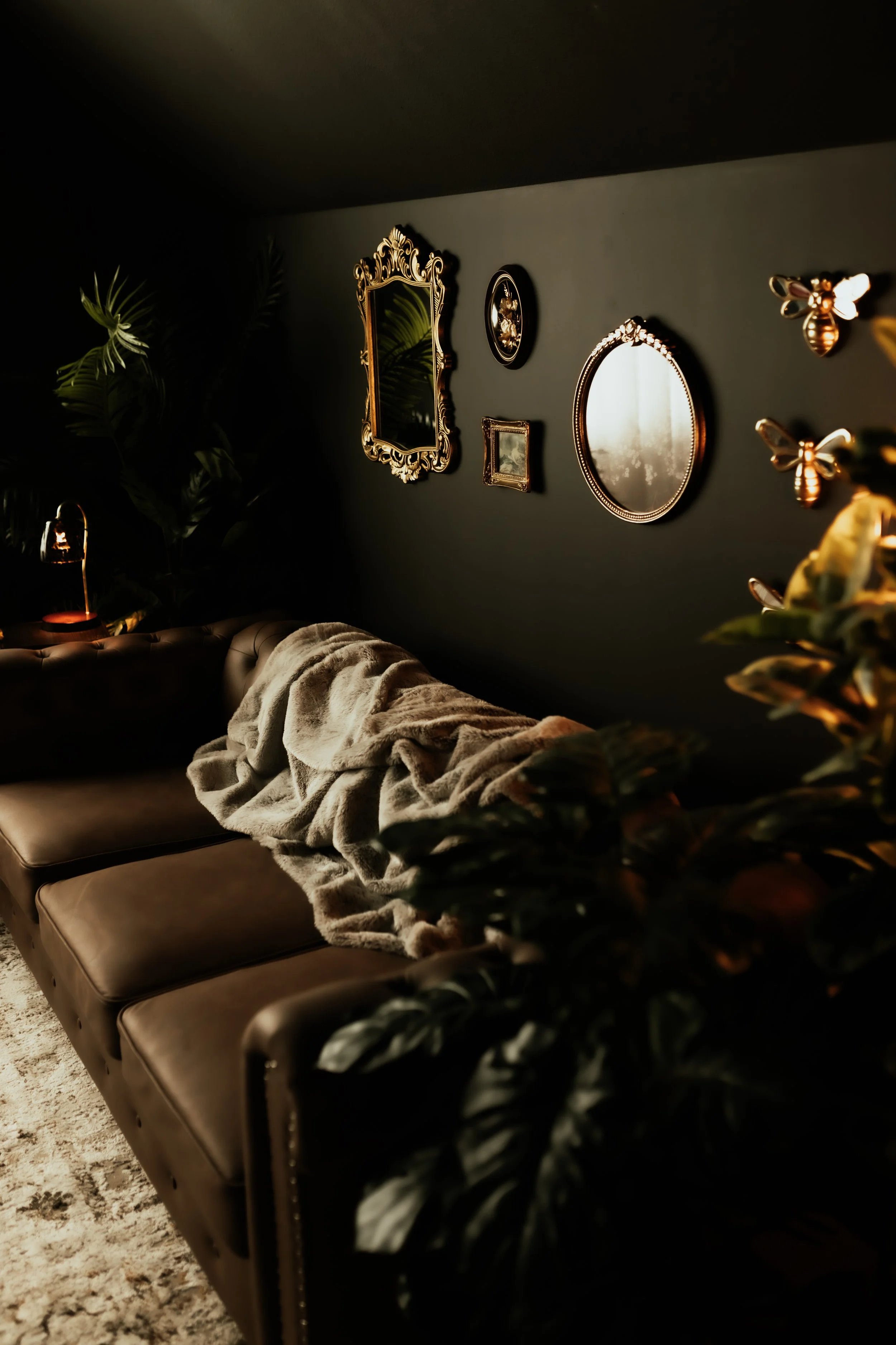 A cozy living room corner with a dark wall decorated with ornate gold-framed mirrors and small decorative items, a plush gray blanket draped over a brown leather tufted couch, a wooden side table with a lit lamp, and a tall leafy plant in the background.