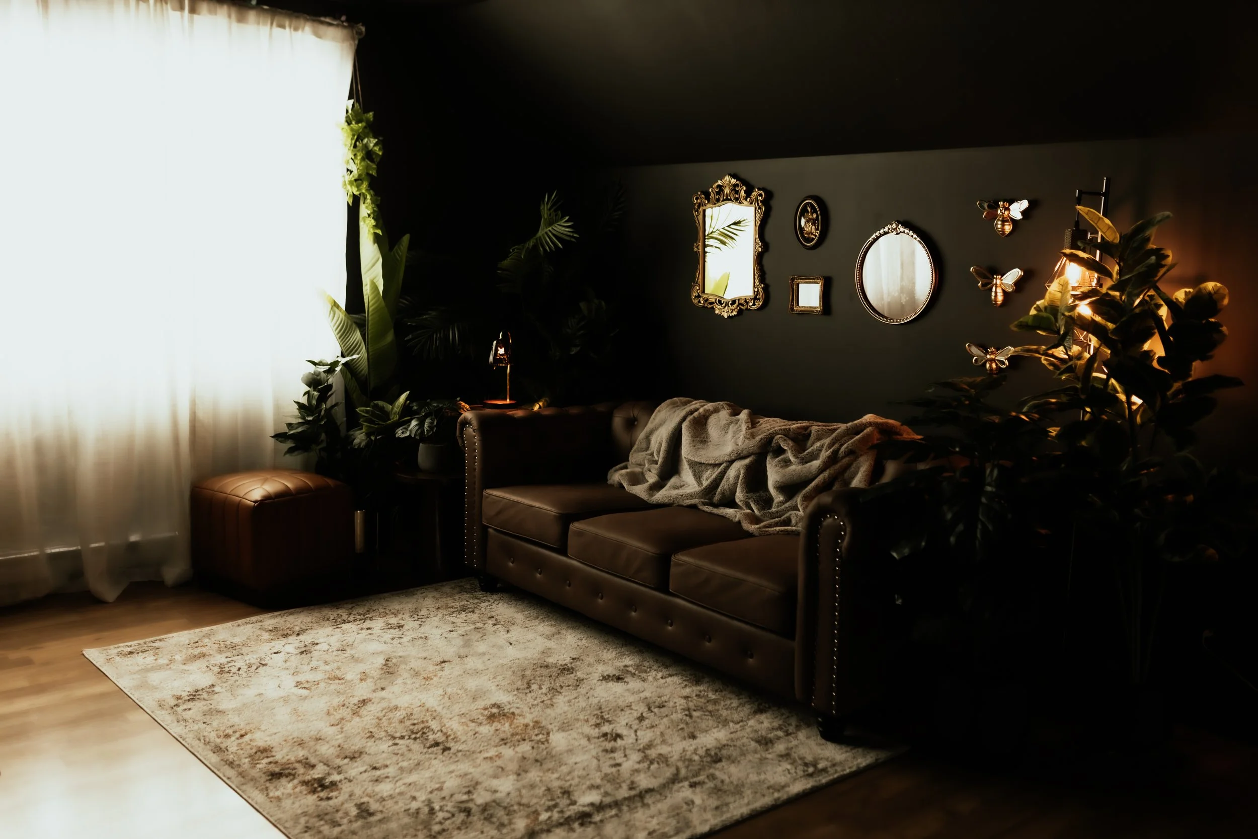A cozy living room with dark walls, decorated with mirrors, butterfly wall art, and a bee decor. There are large green plants near a window with white curtains. A beige sofa with a blanket, a small ottoman, a lamp, and a patterned rug complete the space. The lighting creates a warm ambiance.