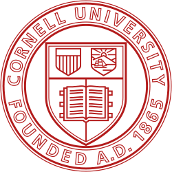 Seal of Cornell University with the university name and founding date, featuring a shield with open book, a shield with a ball and a scale, all in red outline.