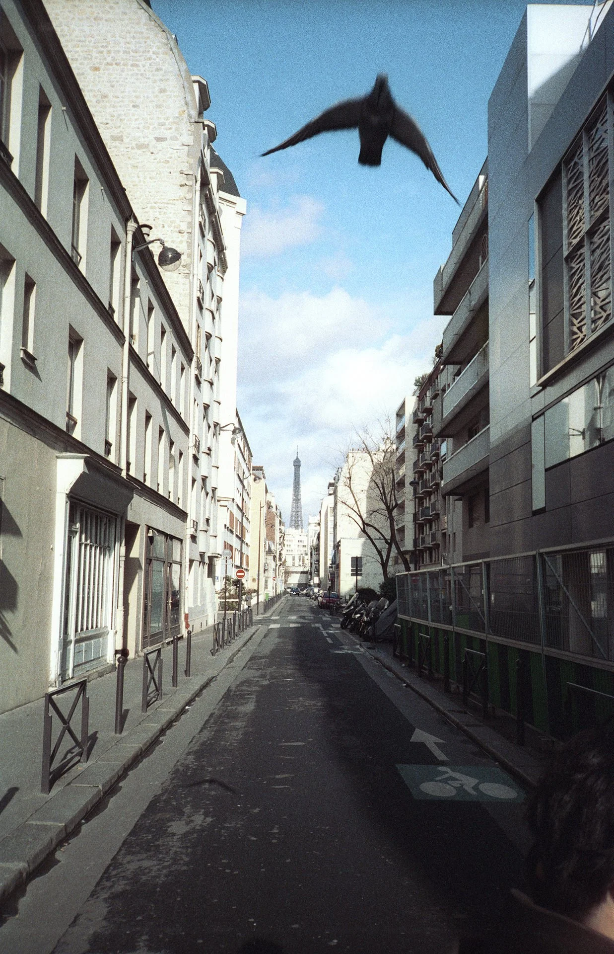 A city street with buildings on both sides, parked motorcycles, and the Eiffel Tower visible in the distance under a partly cloudy sky. A bird is flying overhead.