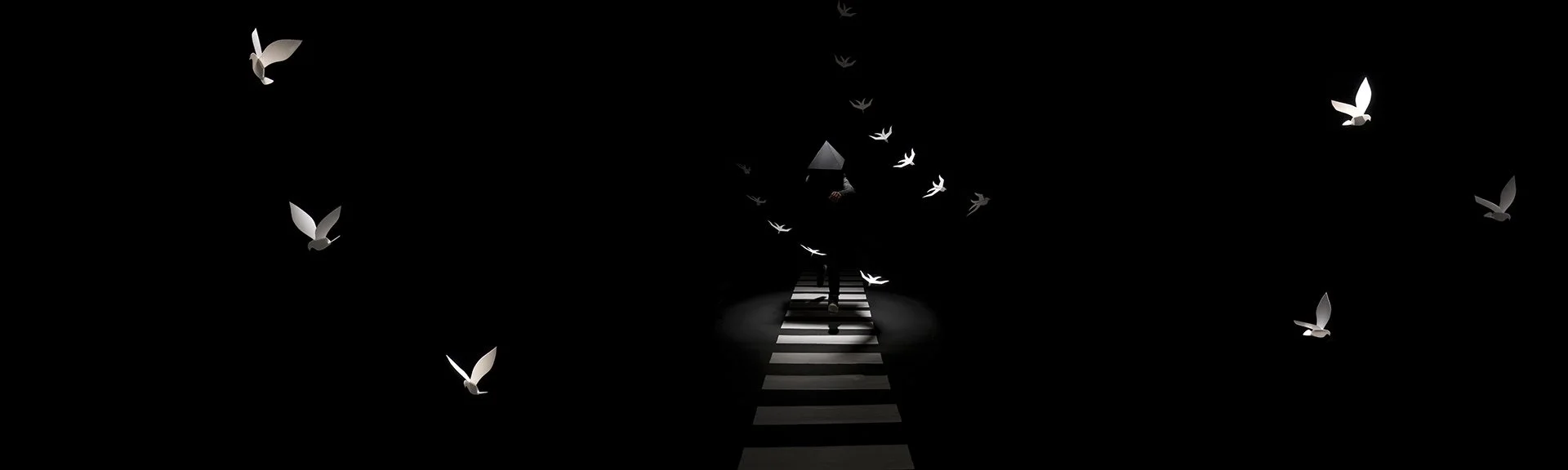 Dark scene with a figure walking on a zebra crossing surrounded by flying white birds and faint triangular shapes in the background.