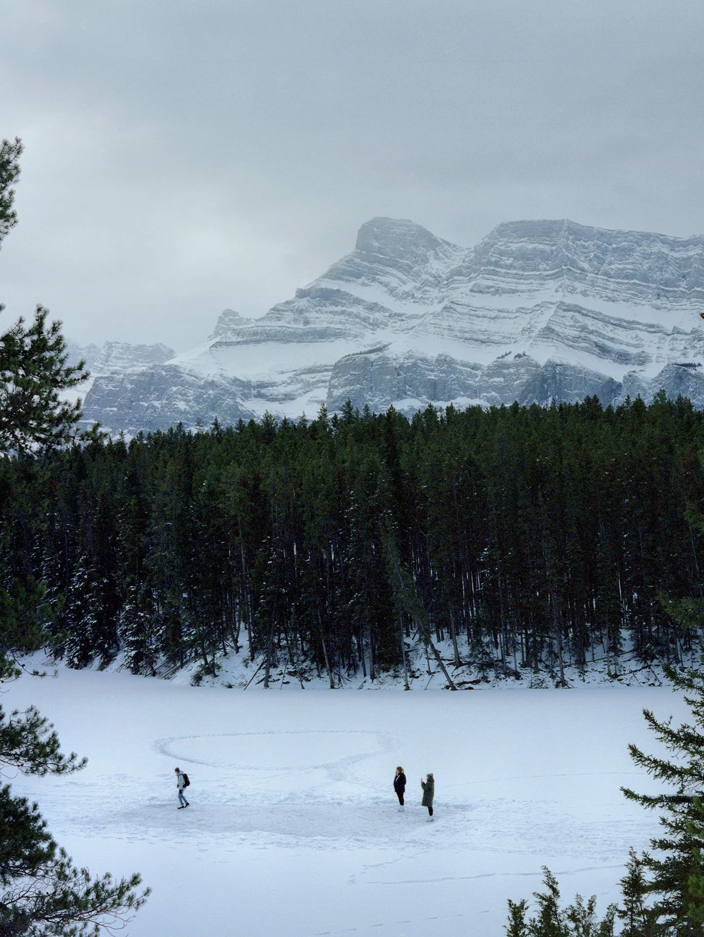 Snow-covered landscape with trees in the foreground, three people walking in the snow, and snow-capped mountains in the background under a cloudy sky.