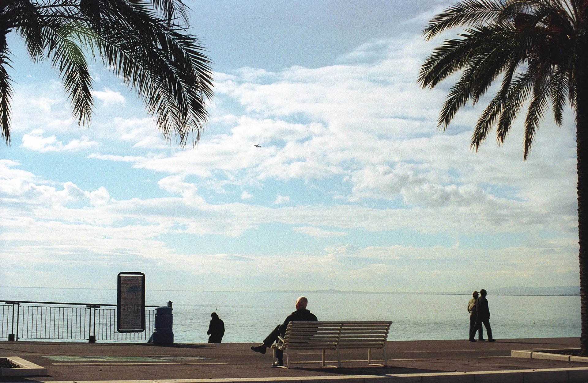 People sitting and walking by the seaside on a cloudy day, with palm trees and an airplane flying in the sky.