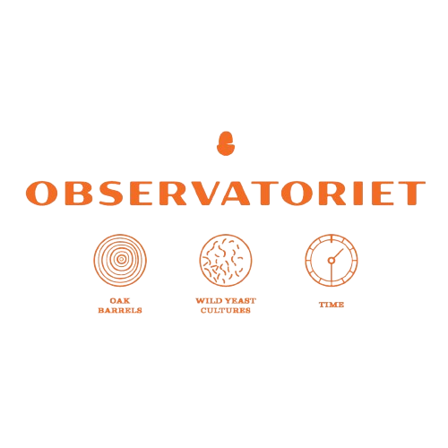 Logo for OBSERVATORIET with icons labeled Oak Barrel, Wild Yeast Cultures, and Time.