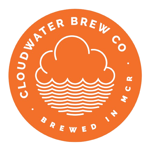 Logo of Cloudwater Brew Co with an orange circular background, featuring a stylized cloud above wavy lines, and text indicating it is brewed in Manchester.