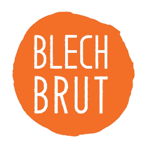 Orange circular logo with the words "BLECH BRUT" in black uppercase letters.