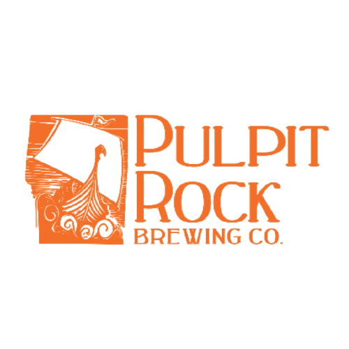 Logo of Pulpit Rock Brewing Co., featuring an orange illustration of a rock formation with a silhouette of a bird, and the company name in orange text.