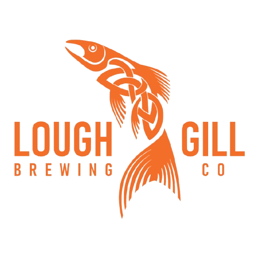 Logo for Lough Gill Brewing Company featuring an orange fish with a skeletal design and the business name in orange text on a black background.