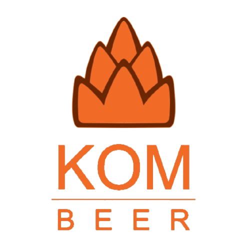 Logo of KOM Beer with an orange hop cone graphic above the text
