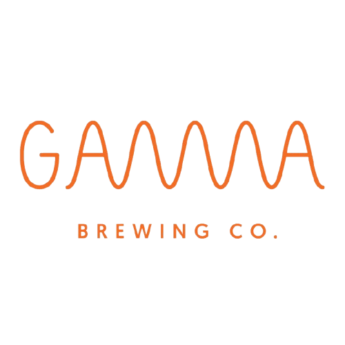 Logo for Gamma Brewing Co. with stylized text and a wave-like line.
