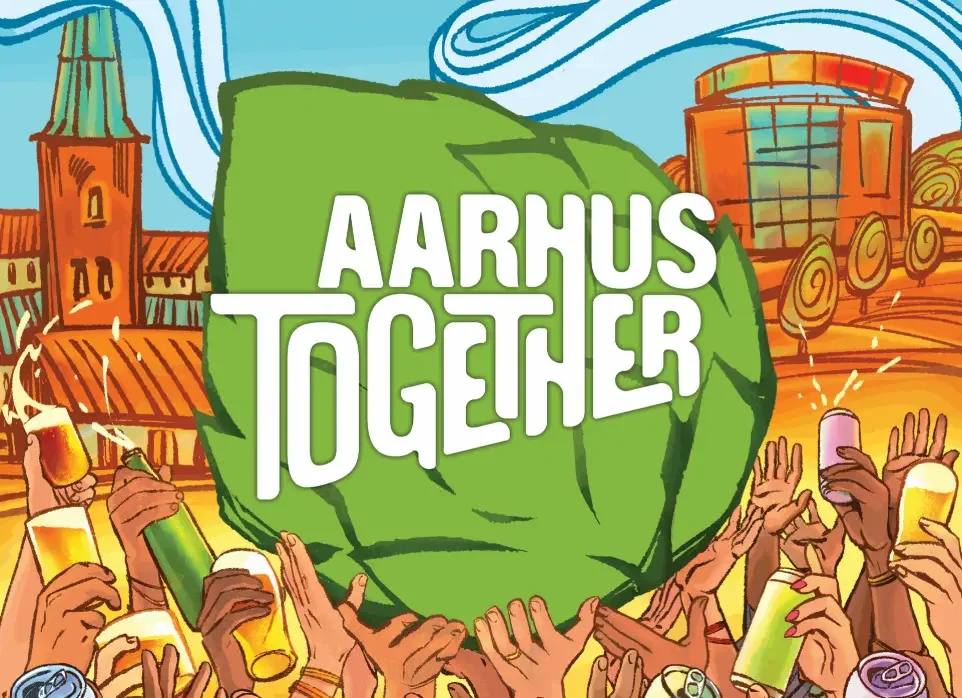 Celebration in Aarhus with people holding beer glasses and a large green speech bubble with the words 'Aarhus Together.'