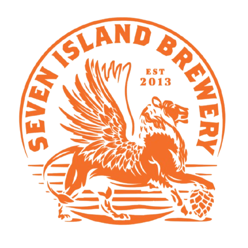 Logo for Seven Island Brewery featuring an orange griffin with wings spread, standing on a wooden platform, with the text "Seven Island Brewery" encircling the top and "EST 2013" inside.