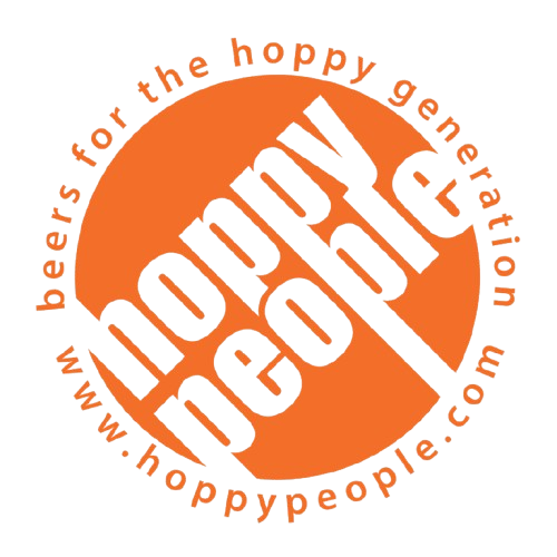 Logo for Hoppy People with a circular orange background, black text, and the slogan 'beers for the hoppy generation' around the edge.