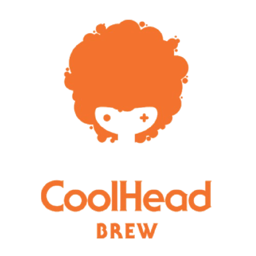Logo of CoolHead Brew featuring a stylized silhouette of a person with orange curly hair, black face, and the words 'CoolHead Brew' underneath.