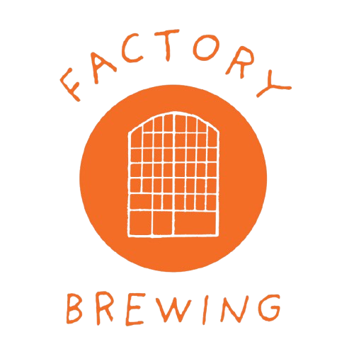 Logo for Factory Brewing featuring a stylized orange circle with a grid pattern resembling a window or brewing vat and the words 'Factory' above and 'Brewing' below in orange text.