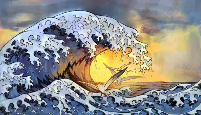 An illustrated ocean scene depicting large crashing waves with a setting sun on the horizon, and two seagulls flying near the water.