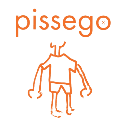 A simple, line-drawn illustration of a human figure with no head, wearing a T-shirt and shorts, with the word "pisseg" above it in orange text.