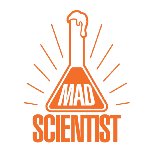 A logo featuring an orange chemistry flask with the words "MAD SCIENTIST" inside, with lines radiating outward.