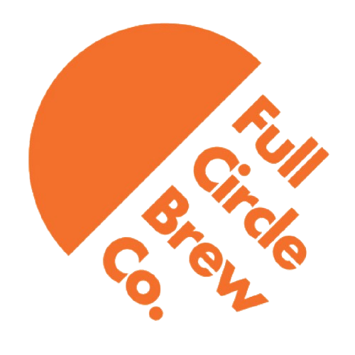 Orange circle with black diagonal stripe, containing the words "Full Circle Brew Co." in orange text.