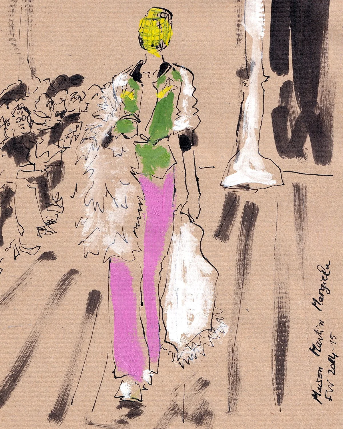 Fashion illustration of a person walking on a runway in colorful outfit with a feathered accessory, audience seated on the left, and artistic marks on the background.