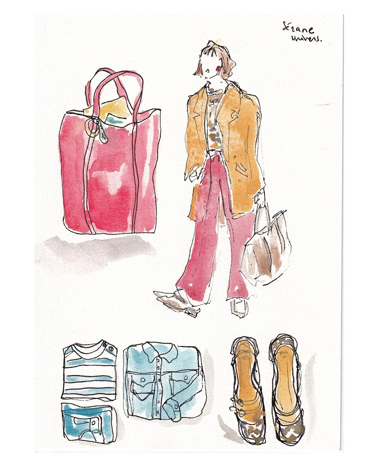 A fashion illustration of a woman with a large pink suitcase and shopping bags. She is wearing a brown jacket, striped shirt, pink wide-leg pants, and brown boots. Below her are sketches of additional clothing items including a striped top, denim jac