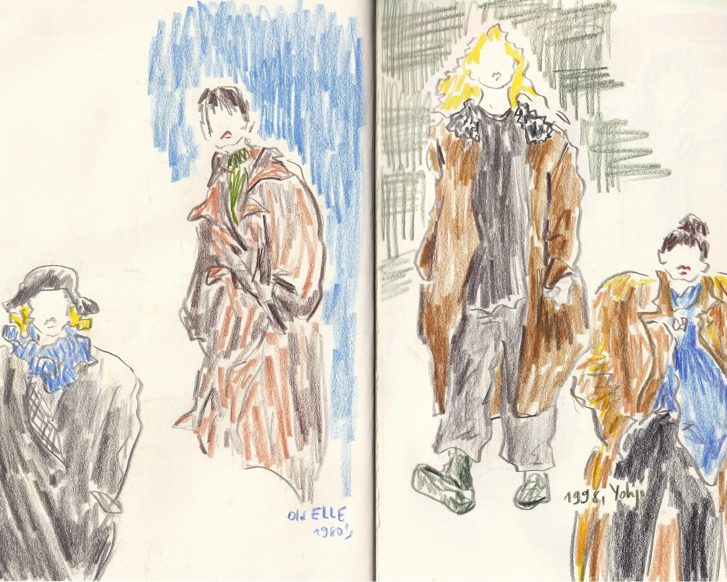 Colorful sketch of four people with two adult women and two young girls, all wearing brown jackets. The woman on the left has black hair, and the one on the right has blonde hair. The girls are holding what appears to be yellow or gold ornaments or a