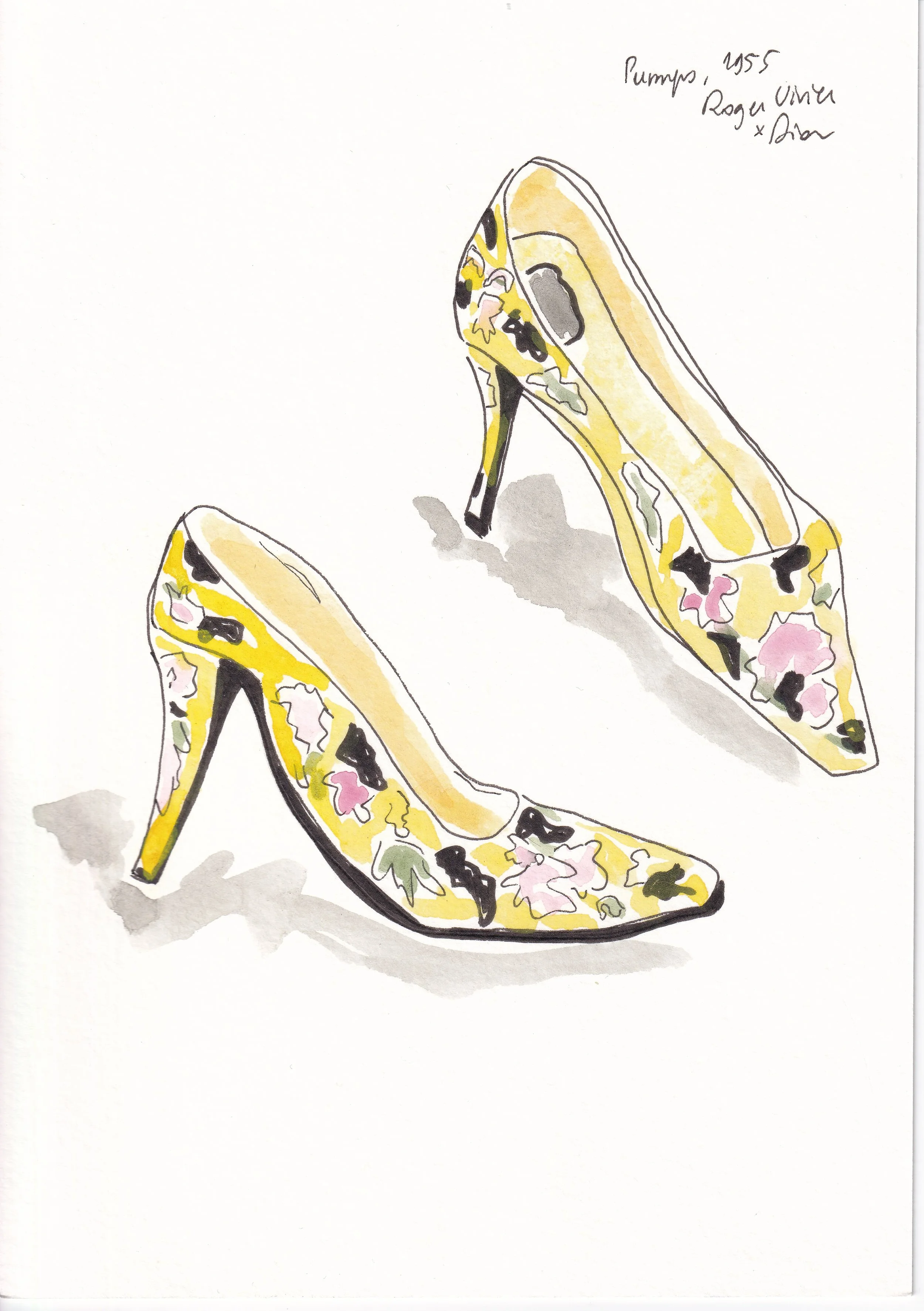 A pair of high-heeled shoes with a yellow and black floral pattern on a white background, painted in watercolor style. The shoes are positioned with one shoe lying on its side and the other standing upright. Handwritten notes in the top right corner 
