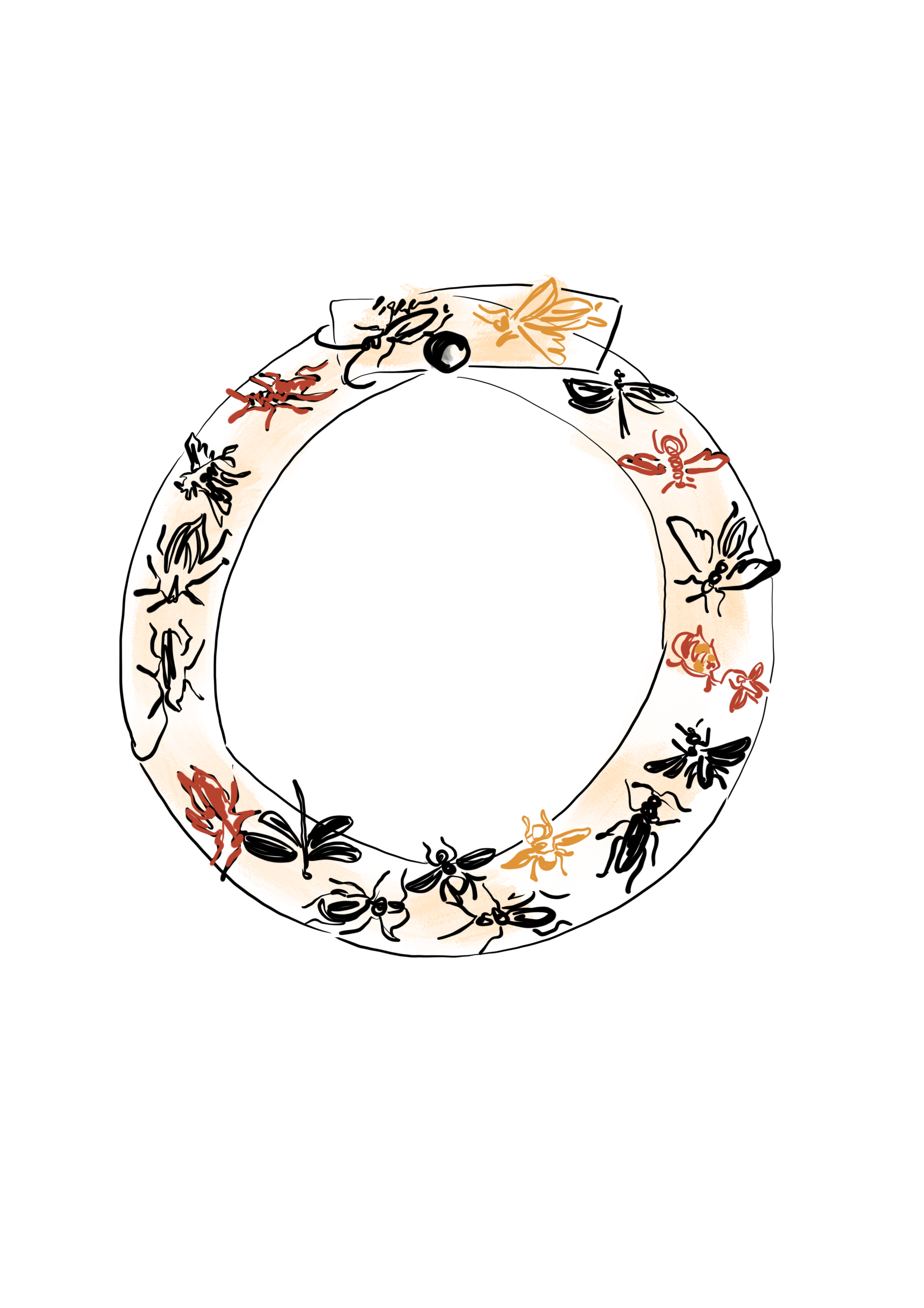 A circular floral wreath with various flowers and leaves drawn in a minimalist style, surrounding a black oval in the center.