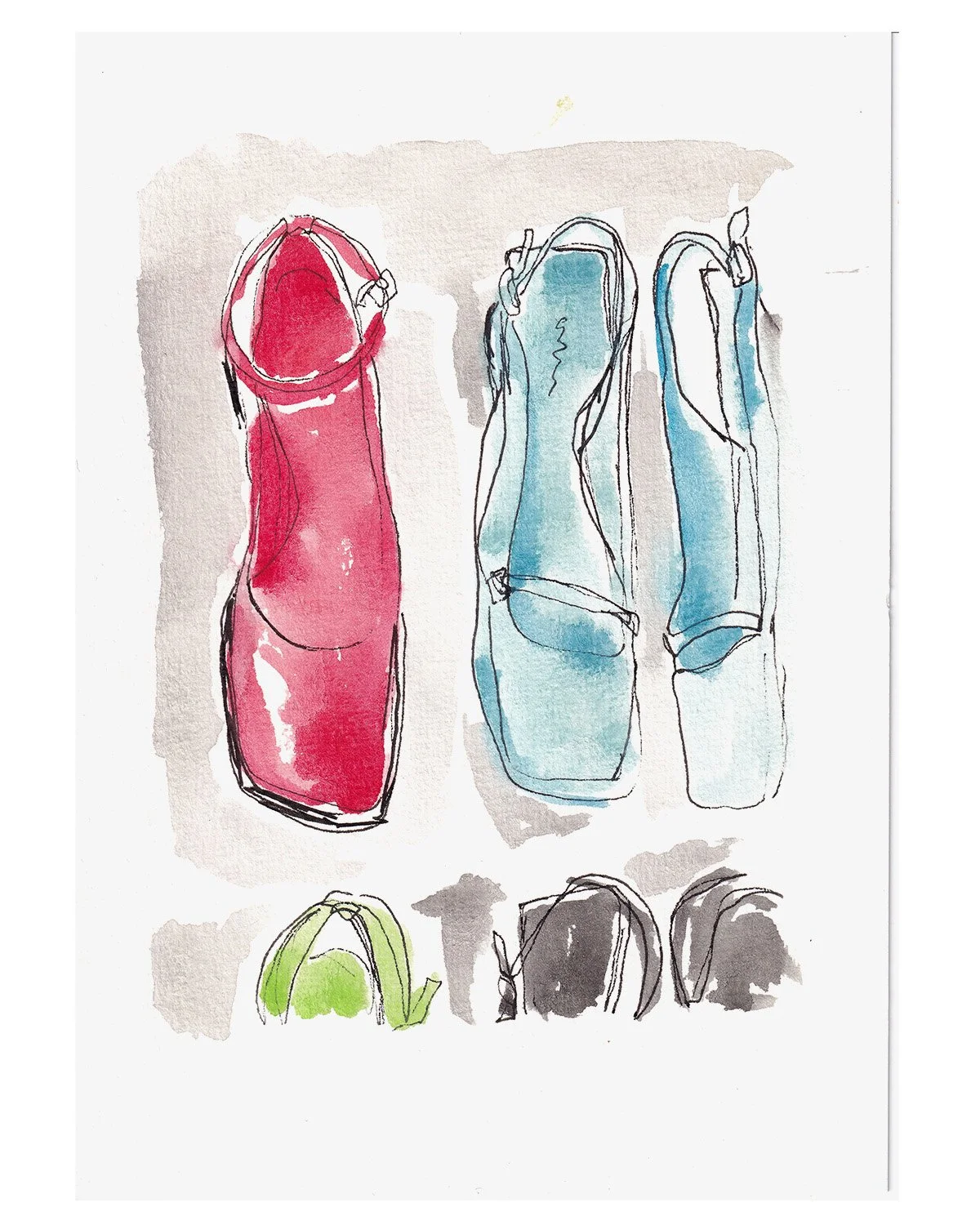 Watercolor sketch of various backpacks, with a focus on one red backpack, along with several other backpacks in blue, green, and black.