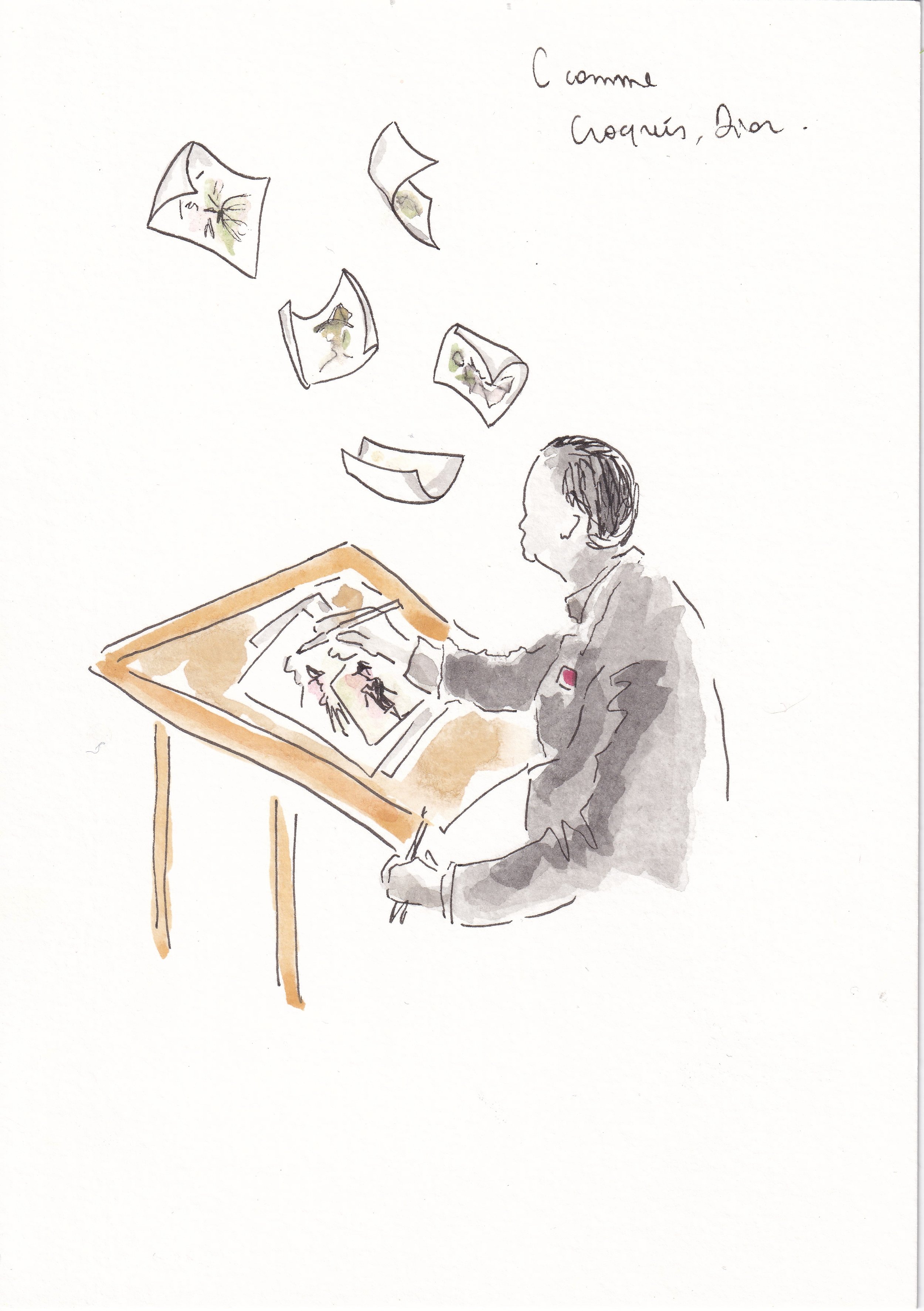 A man wearing a blazer sitting at a wooden table, reading a comic book with illustrations of people. The background features a handwritten note saying 'C comme croquis, din'.