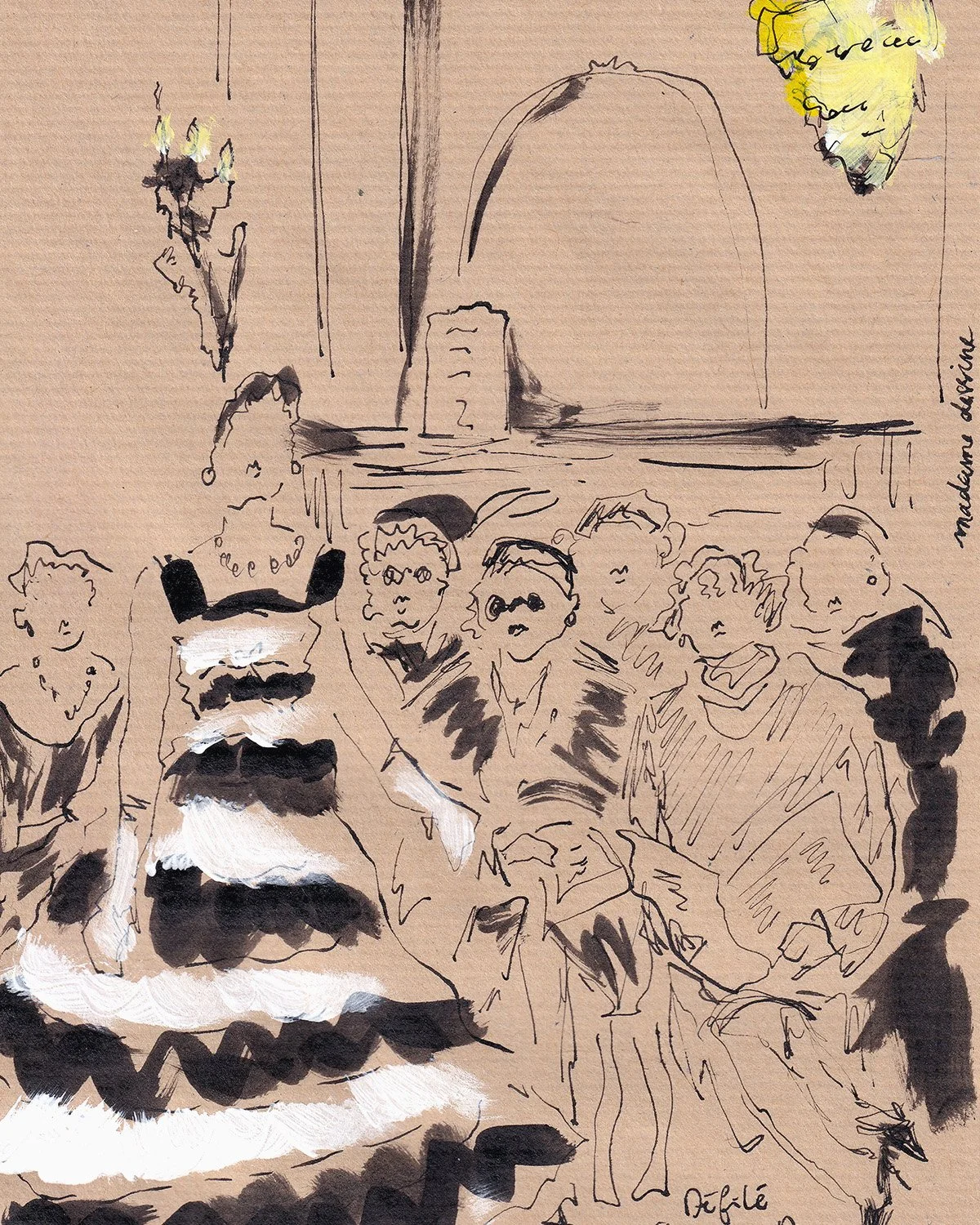 Sketch of people seated at a table during a meeting or event, with the Washington Monument in the background and a yellow cloud-like shape in the upper right corner.