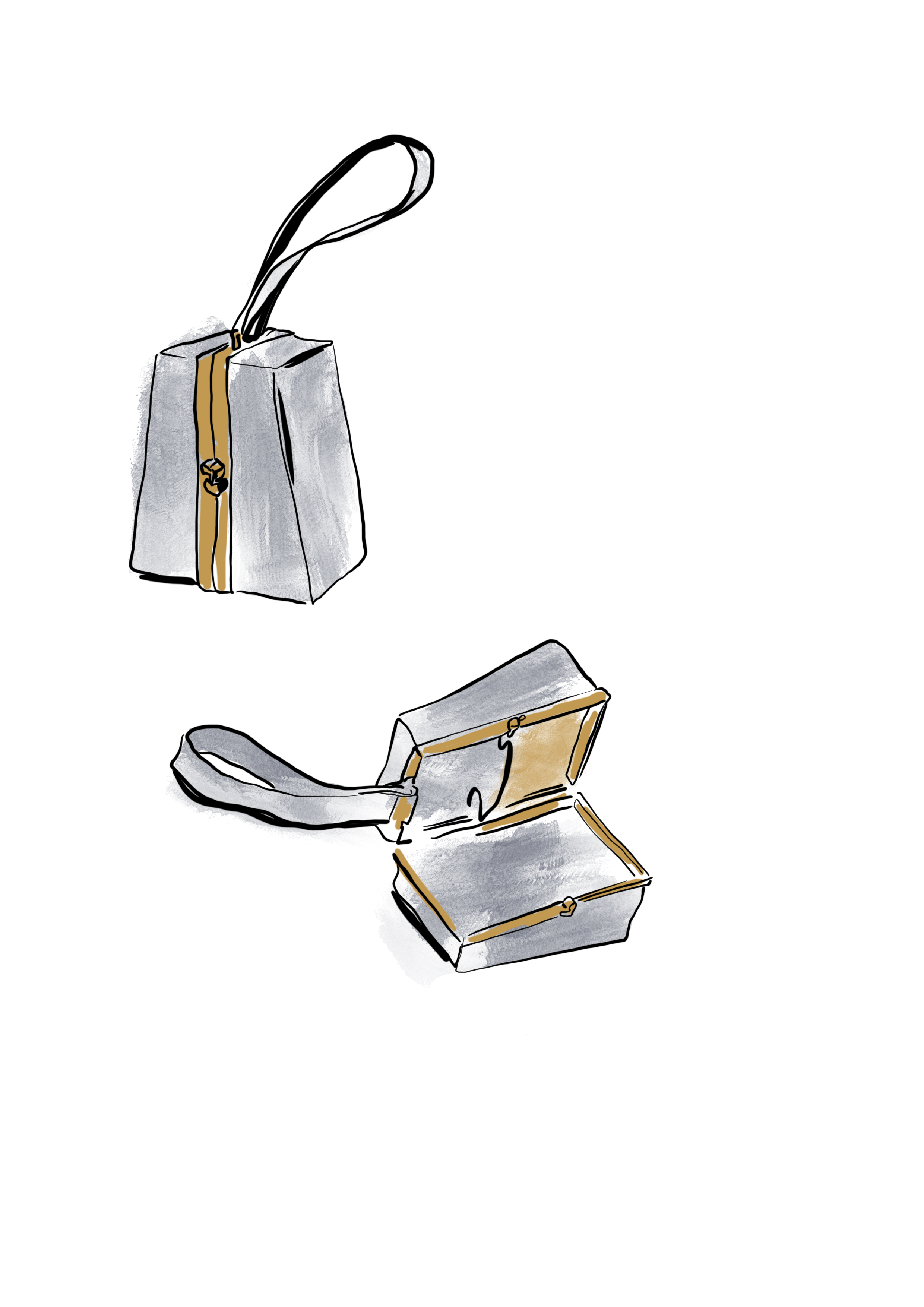 A black pen resting on a closed gray and tan suitcase, with an open gray and tan suitcase nearby.
