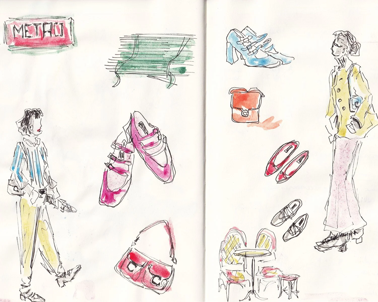 Sketch of a subway station with people, shoes, bags, and seats, labeled 'METRO' sign.