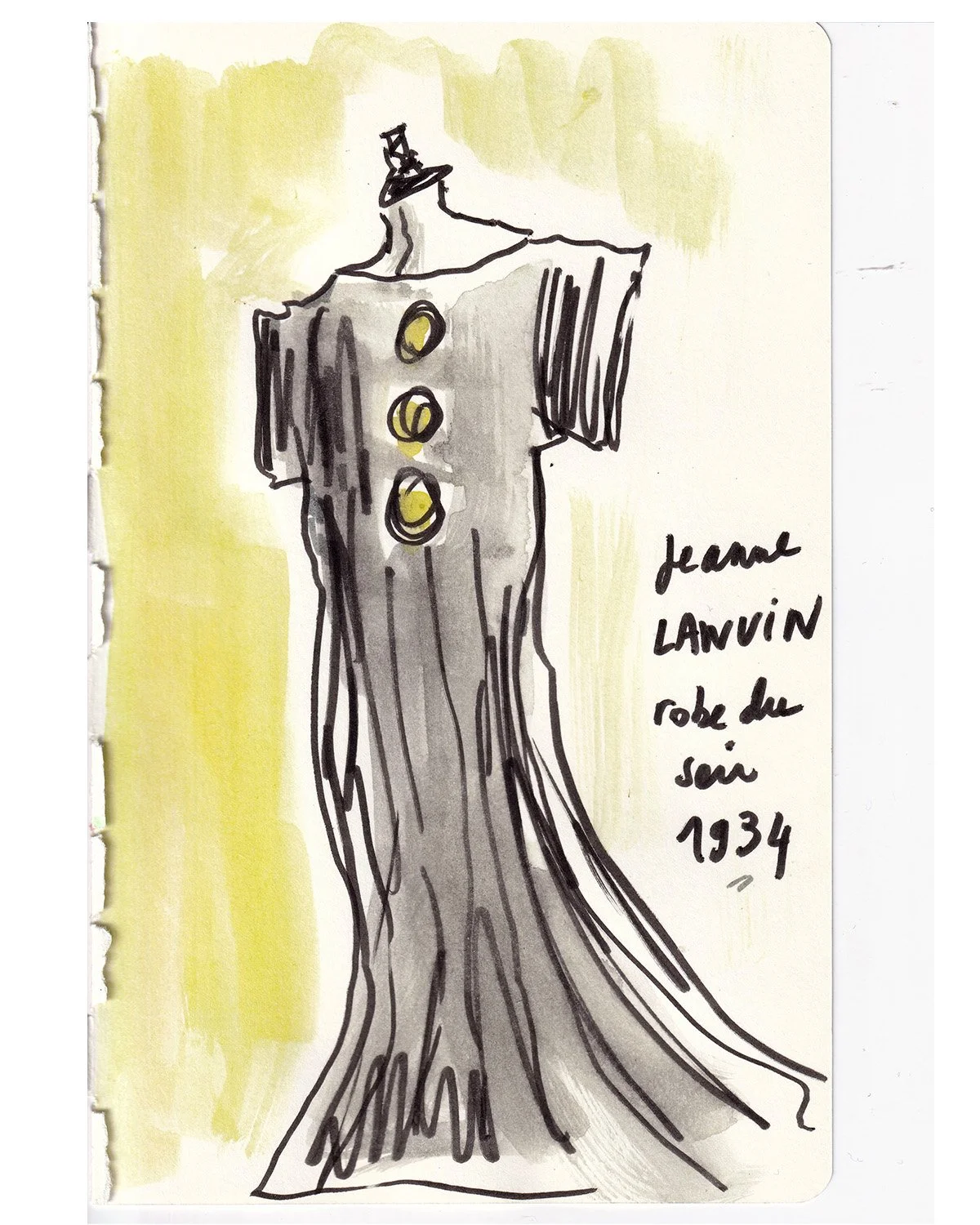 A sketch of a tree trunk with a small shirt with three yellow buttons, with handwritten notes beside it in French.