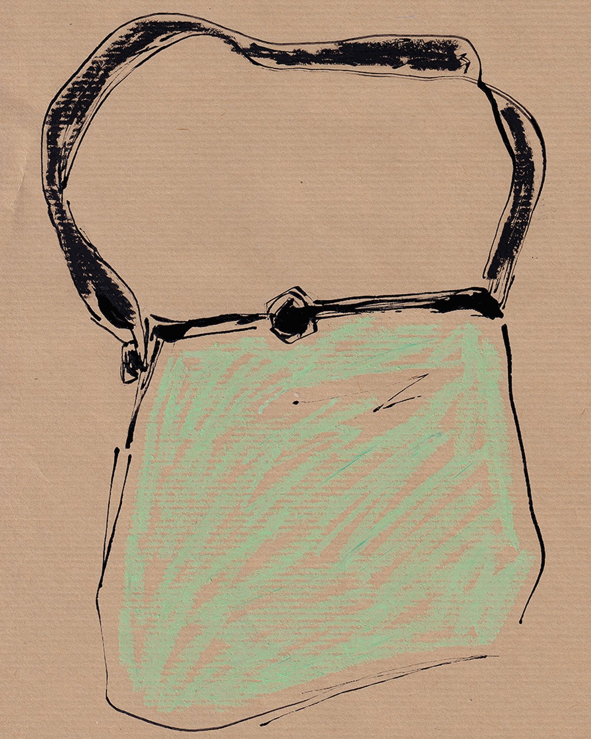 Sketch of an open purse with a green interior on brown paper.
