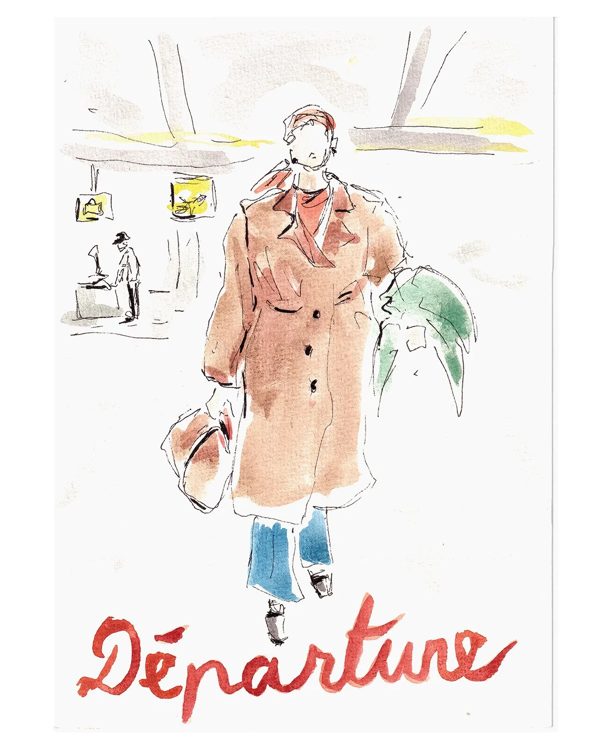 A watercolor sketch of a woman walking in an indoor setting, carrying a bag in her right hand and a green plant in her left hand. She is wearing a long brown coat, blue jeans, and black shoes, with other people and screens visible in the background. 