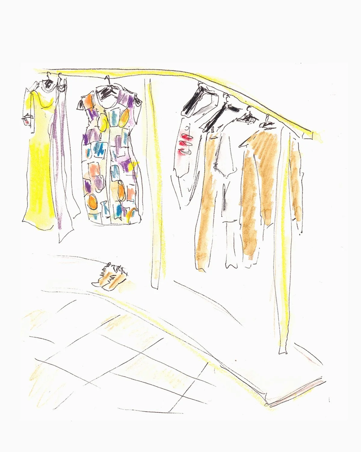 Sketch of a clothing store display with hanging dresses, pants, and a colorful dress with patches, all arranged on a yellow rack.