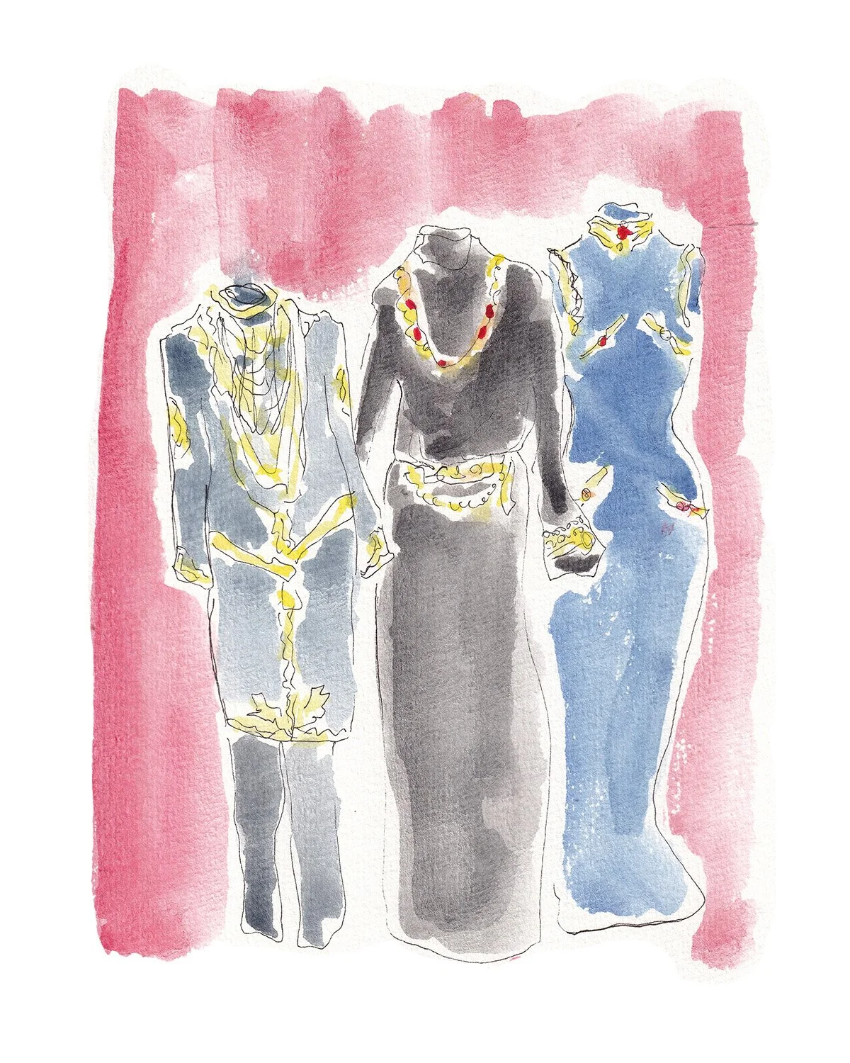 Watercolor painting of three mannequins dressed in fashionable clothes with jewelry, set against a pink background.