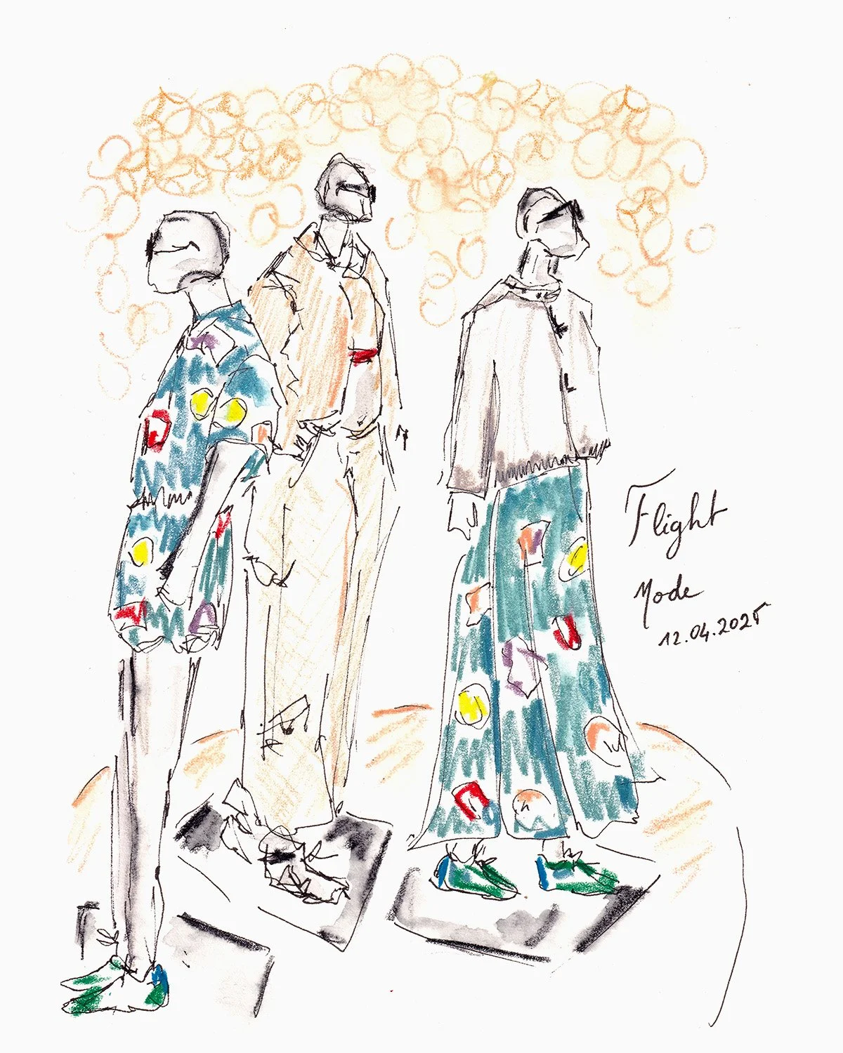 A colorful fashion illustration of three models walking on a runway, wearing casual and vibrant clothing with artistic patterns, titled "Flight Mode" dated 12.04.2025, with a light background and a smoky effect above their heads.