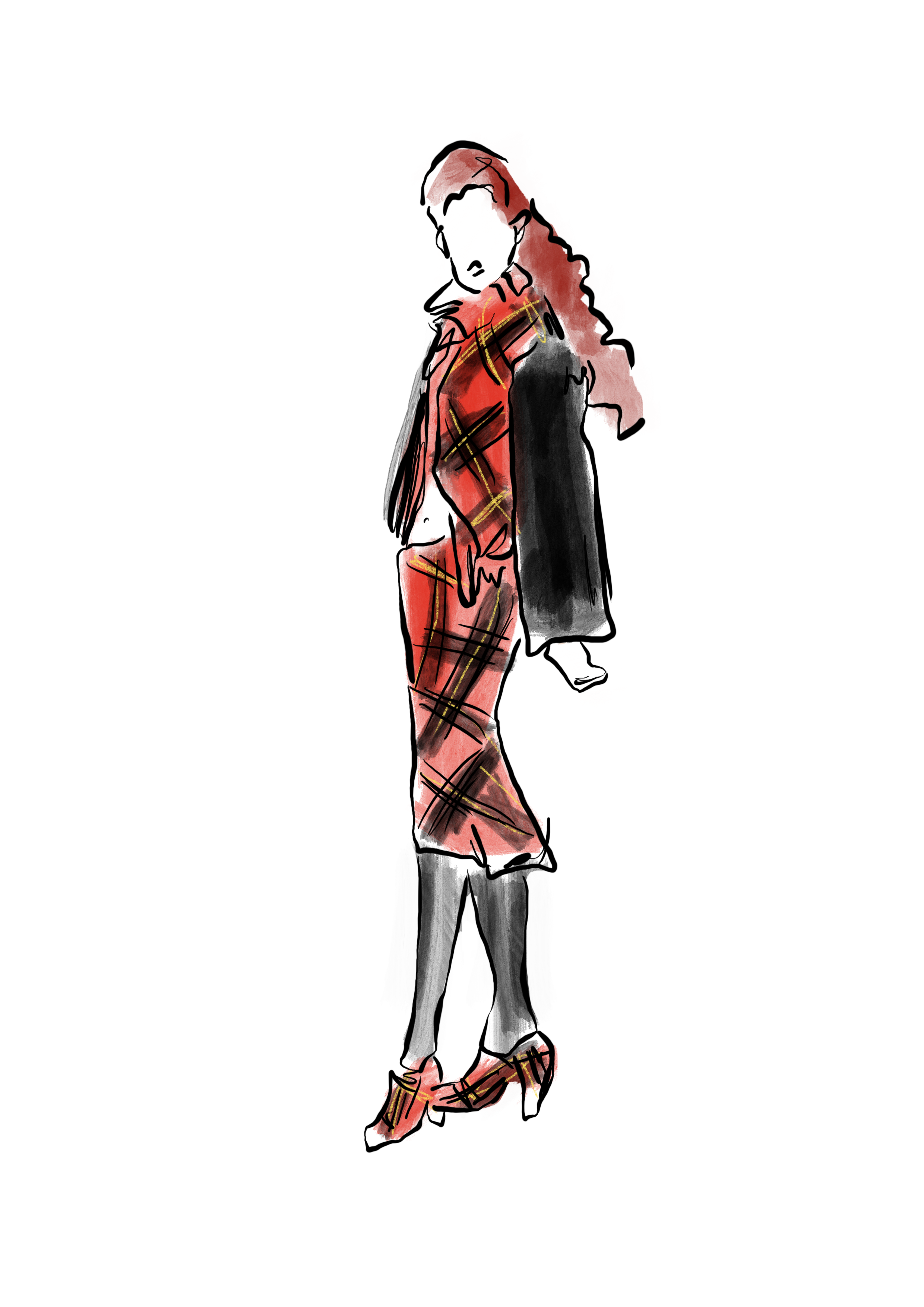 Alexander Mc Queen fashion silhouette, stylized illustration of a woman with long hair wearing a red patterned dress, standing against a black background with red and yellow highlights.